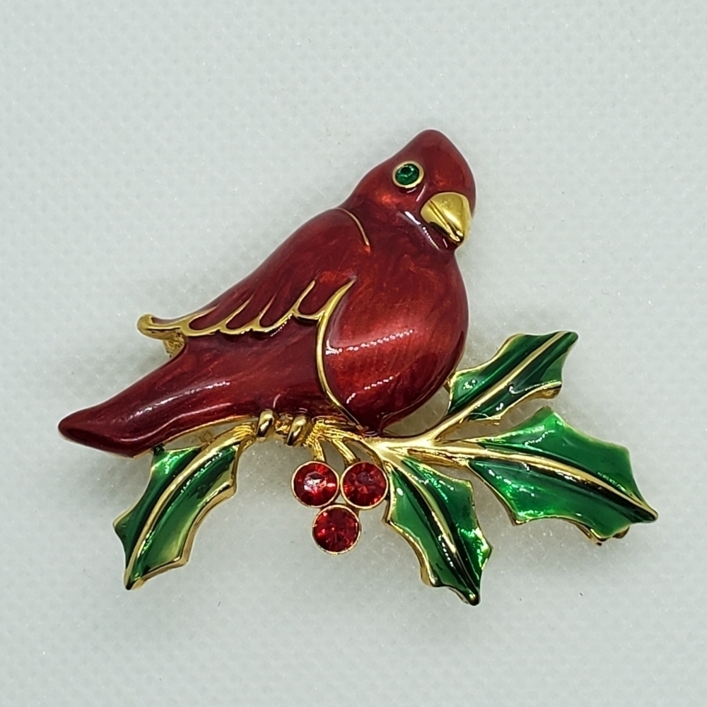 Red Bird Holly Berry Pin Brooch